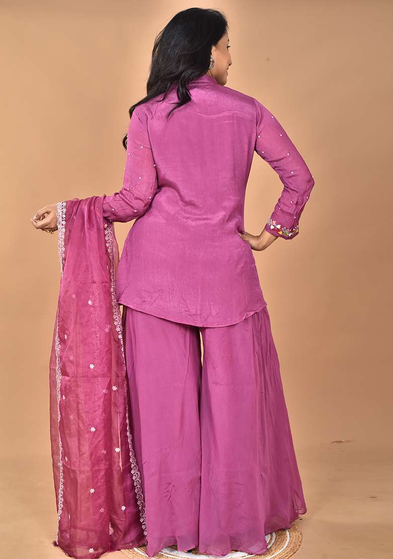 Purple Embroidered Organza Sharara Set - Indya