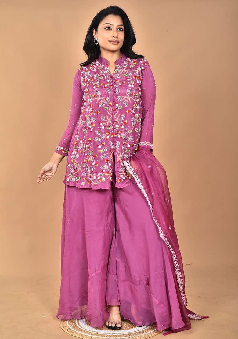 Purple Embroidered Organza Sharara Set - Indya