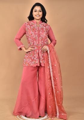 Rust Hand Embroidery Art Organza Chinnon Palazzo Set