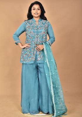 Green Hand Embroidery Art Organza Chinnon Palazzo Set