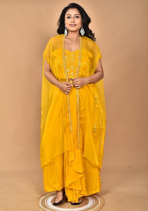 Yellow Embroidered Crepe Sharara Set — view on Indya