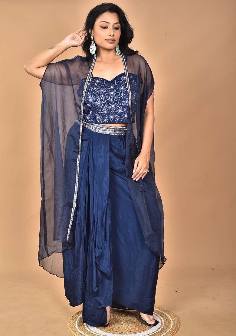Blue Sequin Work Crepe Sharara Set - Indya