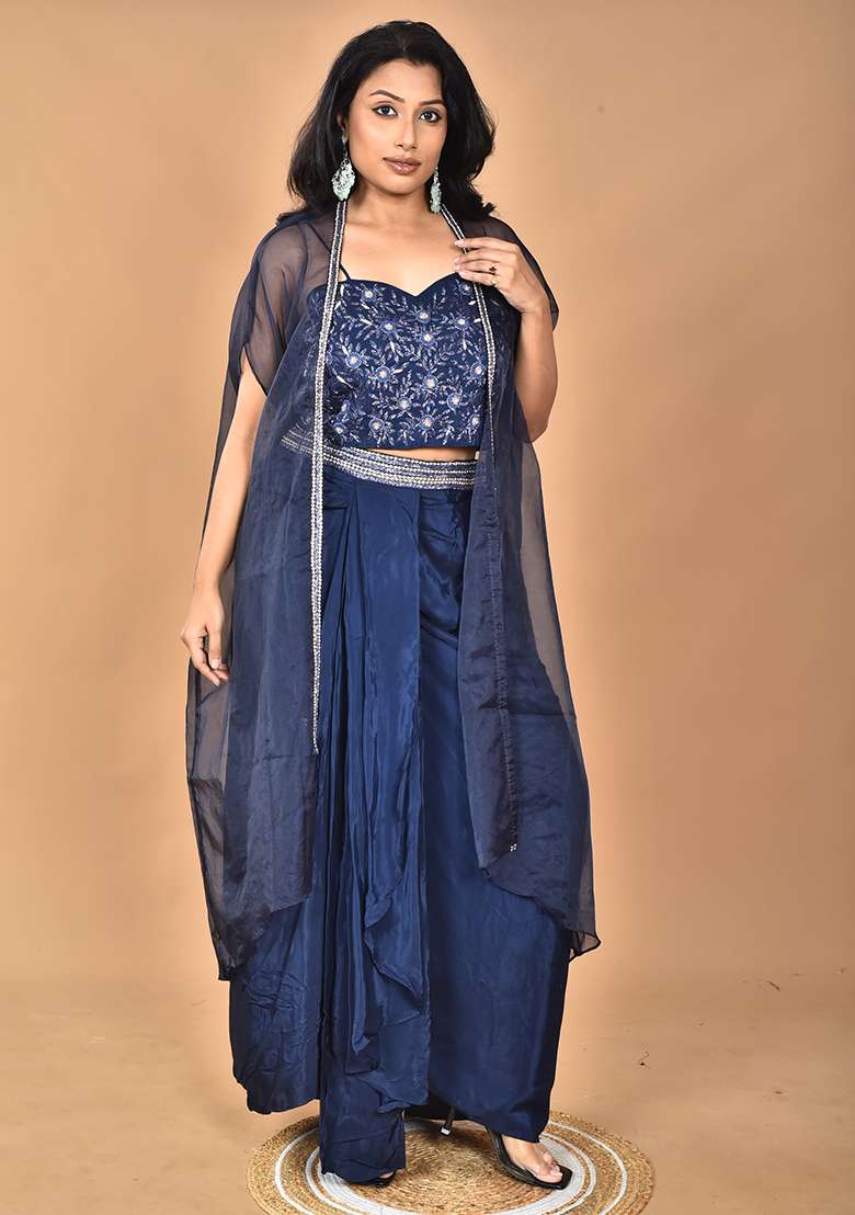 Blue Sequin Work Crepe Sharara Set - Indya