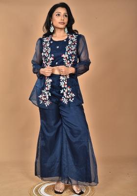 Blue Hand Embroidery Art Organza Crop Top