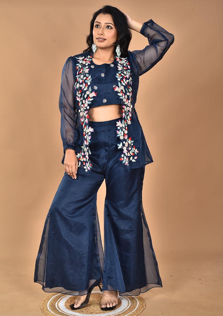 Blue Hand Embroidery Art Organza Crop Top - Indya