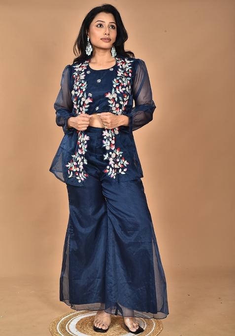 Blue Embroidered Organza Co Ord Set