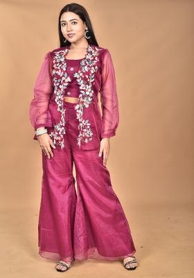 Magenta Hand Embroidery Art Organza Crop Top