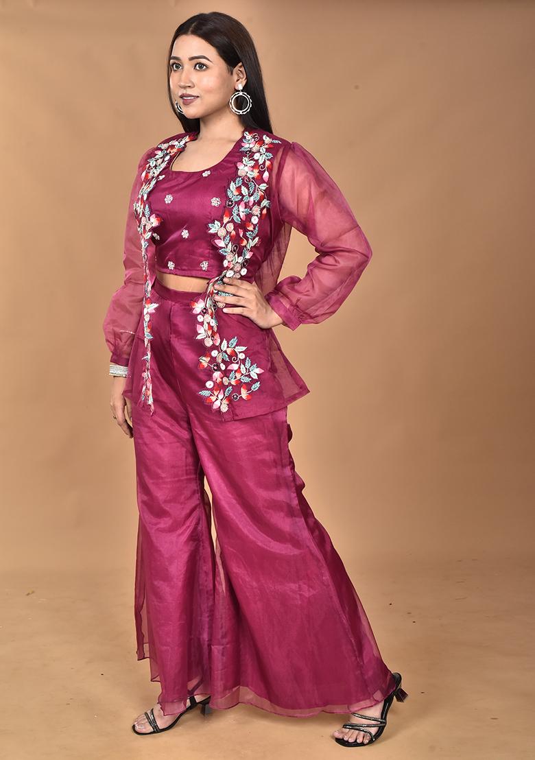 Magenta Hand Embroidery Art Organza Crop Top - Indya