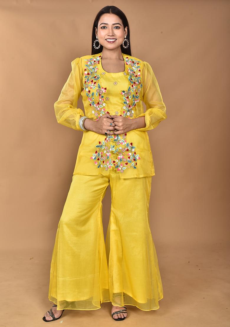 Yellow Hand Embroidery Art Organza Crop Top