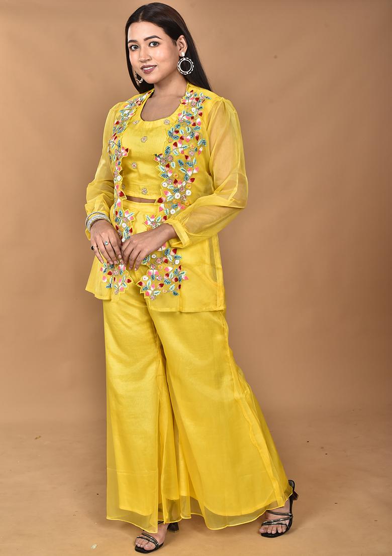 Yellow Hand Embroidery Art Organza Crop Top