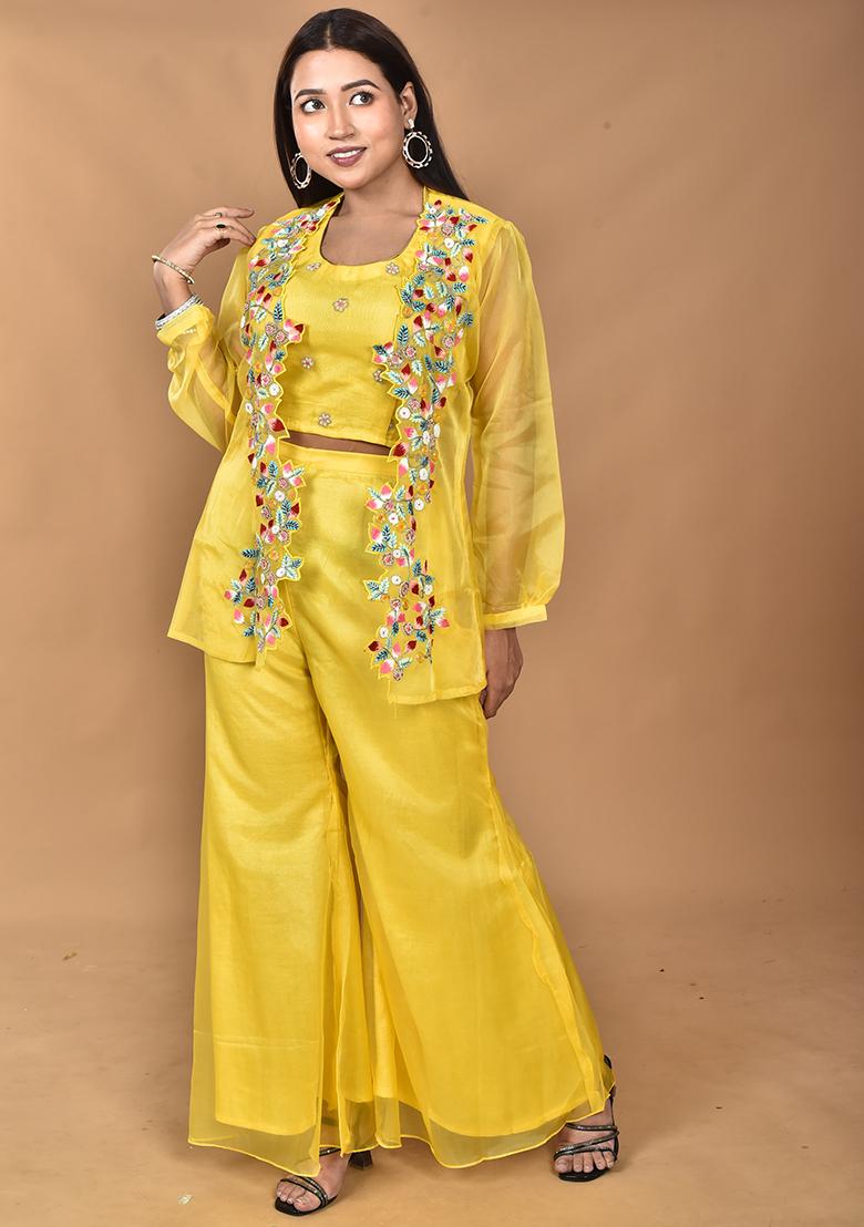 Yellow Hand Embroidery Art Organza Crop Top