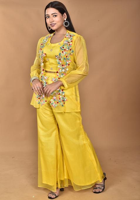 Yellow Hand Embroidery Art Organza Crop Top