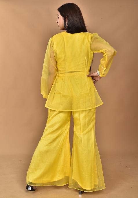 Yellow Hand Embroidery Art Organza Crop Top