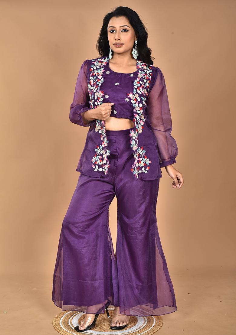 Purple Hand Embroidery Art Organza Crop Top