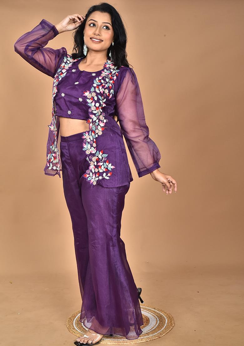 Purple Hand Embroidery Art Organza Crop Top