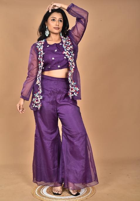 Purple Hand Embroidery Art Organza Crop Top