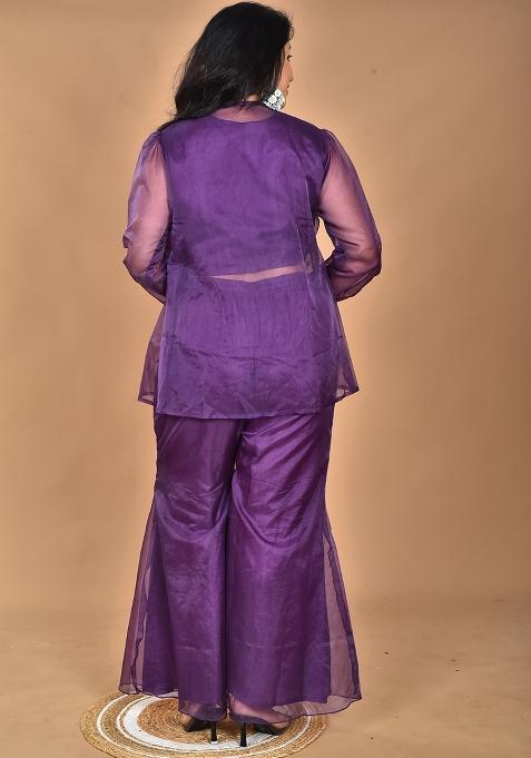 Purple Hand Embroidery Art Organza Crop Top