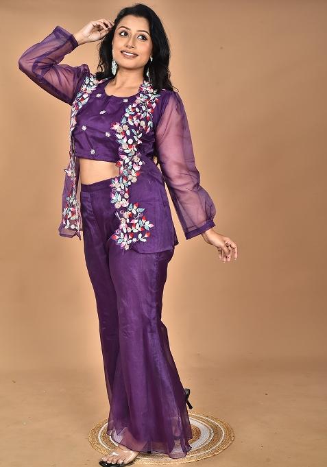 Purple Hand Embroidery Art Organza Crop Top