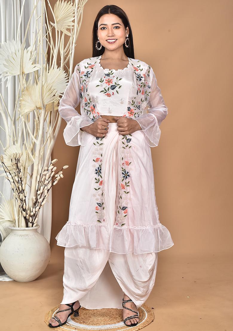 Light Pink Hand Embroidery Natural Crepe Art Organza Crop Top