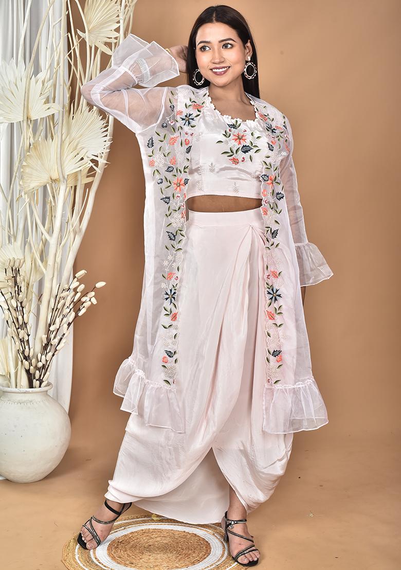 Light Pink Hand Embroidery Natural Crepe Art Organza Crop Top