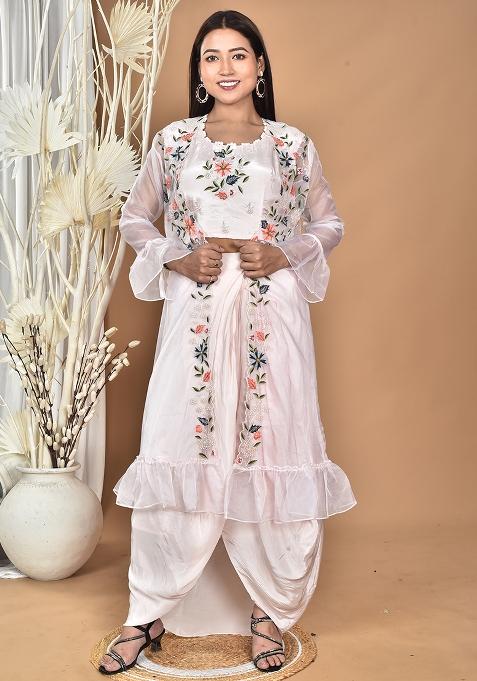 Light Pink Hand Embroidery Natural Crepe Art Organza Crop Top