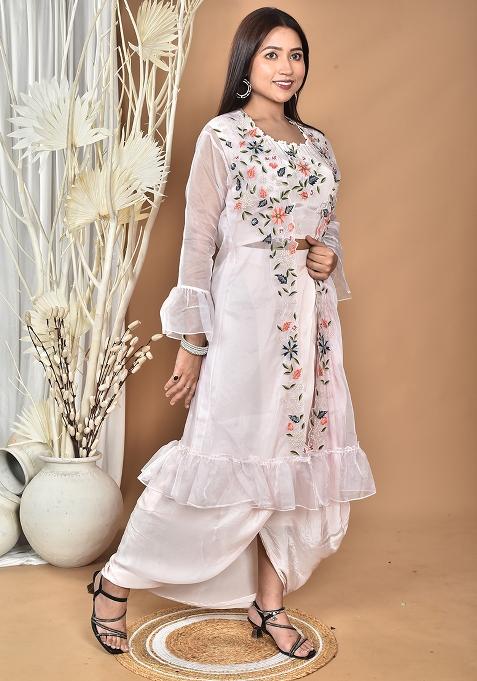 Light Pink Hand Embroidery Natural Crepe Art Organza Crop Top