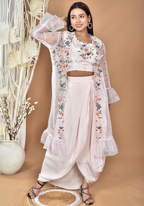 Light Pink Hand Embroidery Natural Crepe Art Organza Crop Top