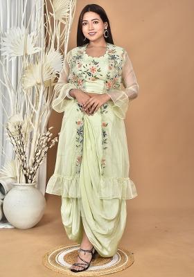 Green Hand Embroidery Natural Crepe Art Organza Crop Top