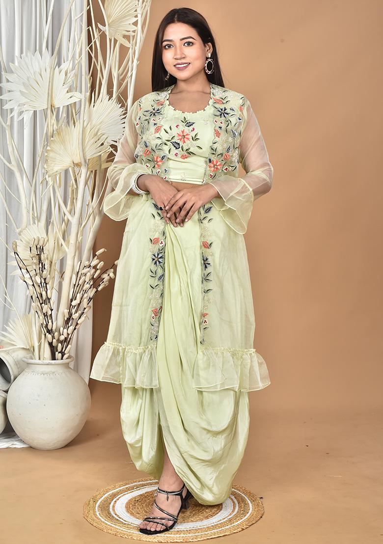 Green Hand Embroidery Natural Crepe Art Organza Crop Top