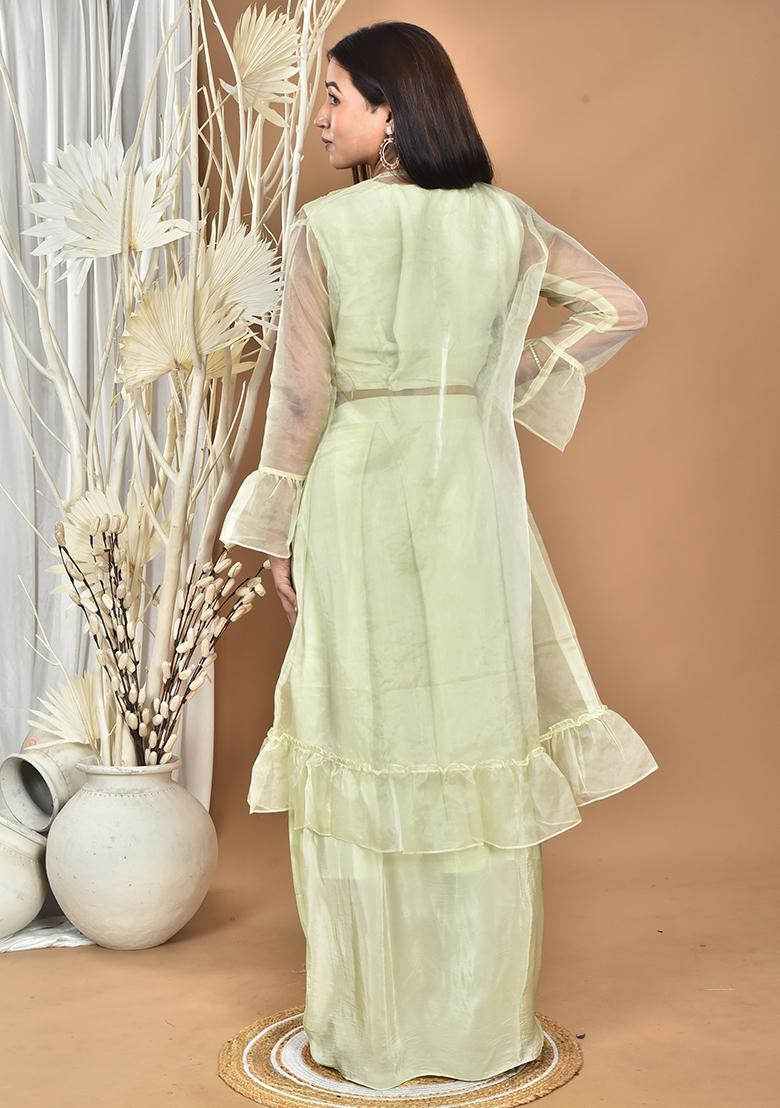 Green Hand Embroidery Natural Crepe Art Organza Crop Top