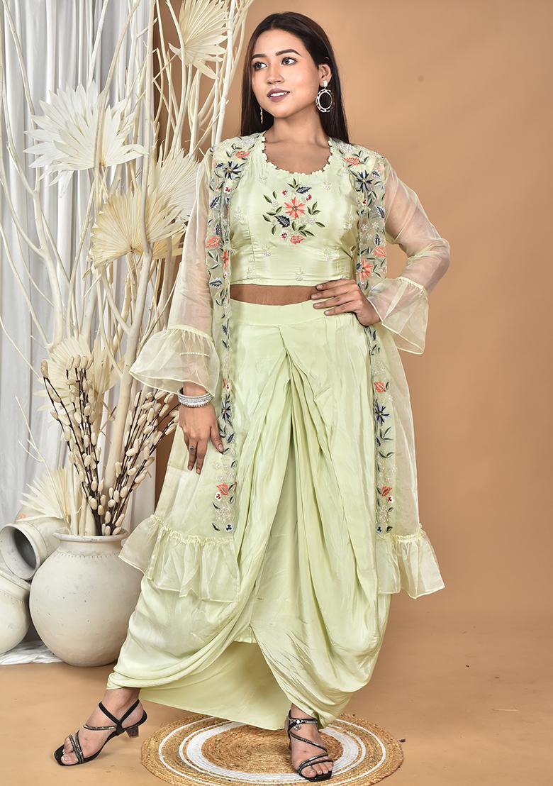 Green Hand Embroidery Natural Crepe Art Organza Crop Top