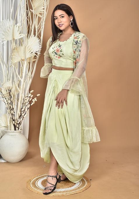 Green Hand Embroidery Natural Crepe Art Organza Crop Top