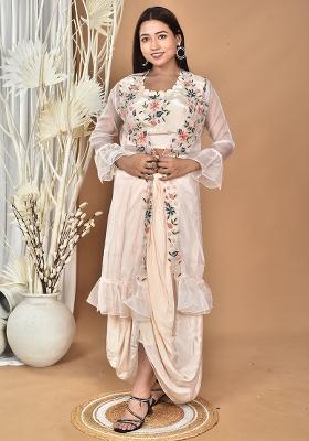 Light Peach Hand Embroidery Natural Crepe Art Organza Crop Top