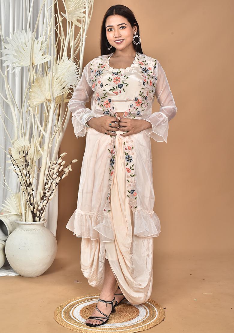 Light Peach Hand Embroidery Natural Crepe Art Organza Crop Top