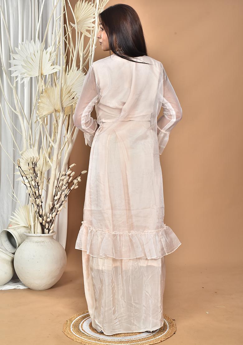 Light Peach Hand Embroidery Natural Crepe Art Organza Crop Top