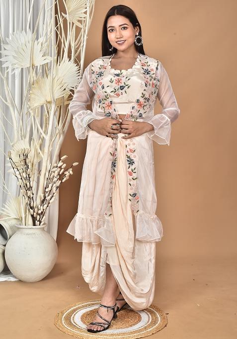 Light Peach Hand Embroidery Natural Crepe Art Organza Crop Top