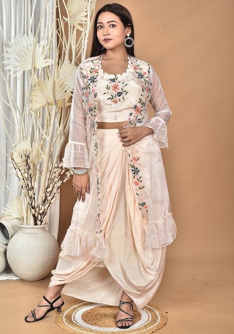 Light Peach Hand Embroidery Natural Crepe Art Organza Crop Top