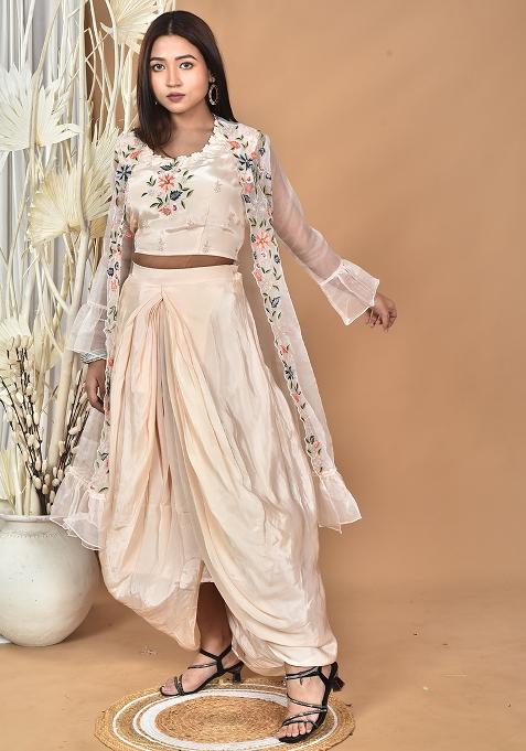 Light Peach Hand Embroidery Natural Crepe Art Organza Crop Top