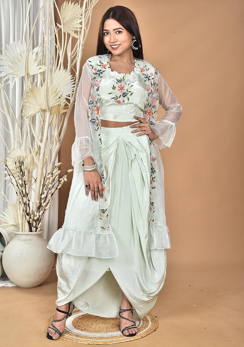 Green Hand Embroidery Natural Crepe Art Organza Crop Top