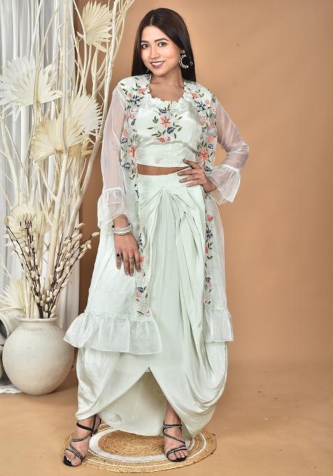 Green Hand Embroidery Natural Crepe Art Organza Crop Top