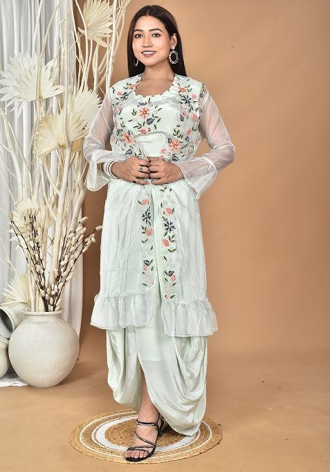 Green Hand Embroidery Natural Crepe Art Organza Crop Top