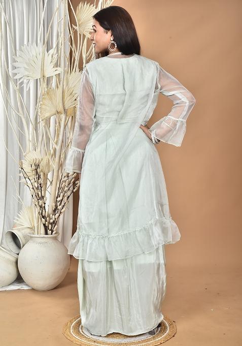 Green Hand Embroidery Natural Crepe Art Organza Crop Top