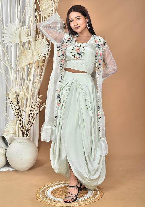 Green Hand Embroidery Natural Crepe Art Organza Crop Top