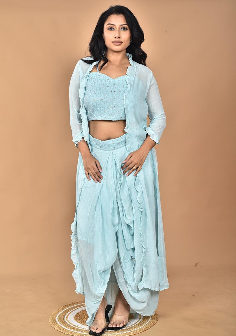 Sky Hand Embroidery Georgette Fancy Crop Top