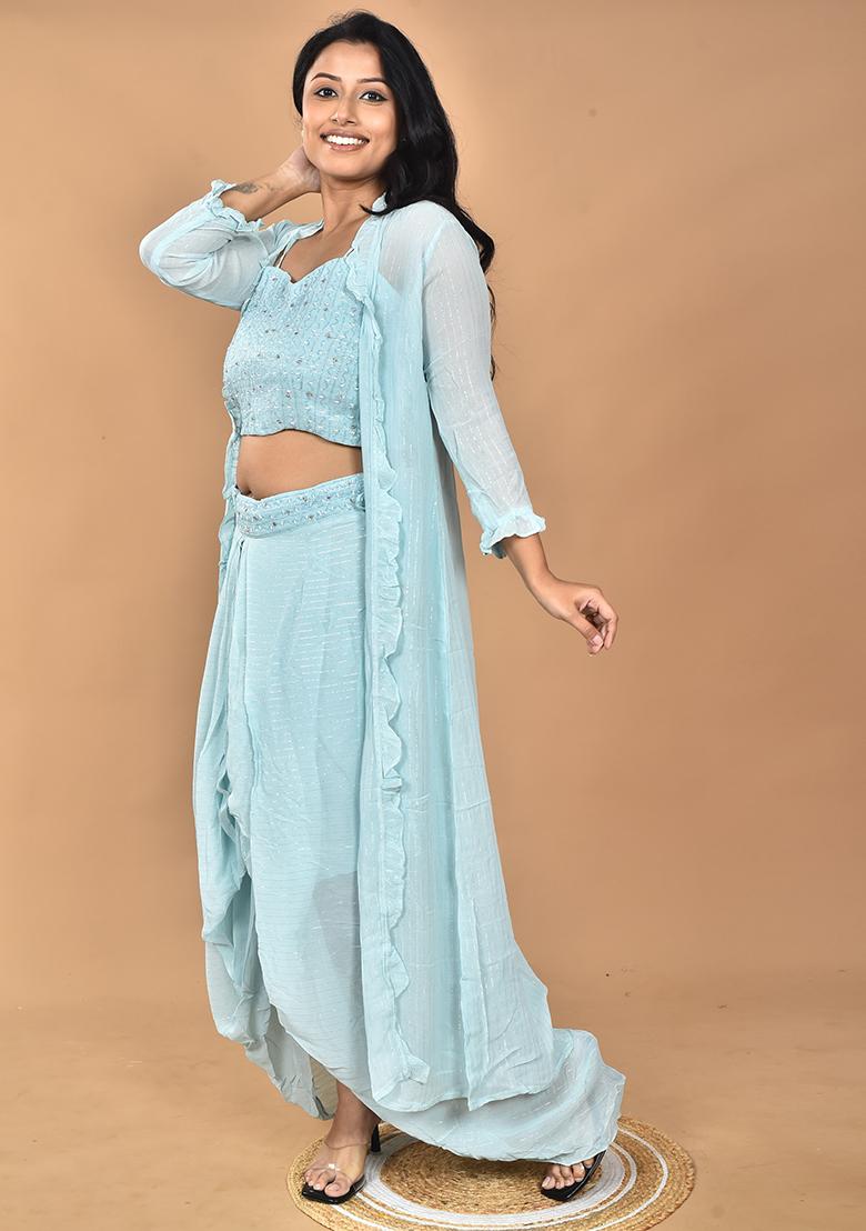 Sky Hand Embroidery Georgette Fancy Crop Top