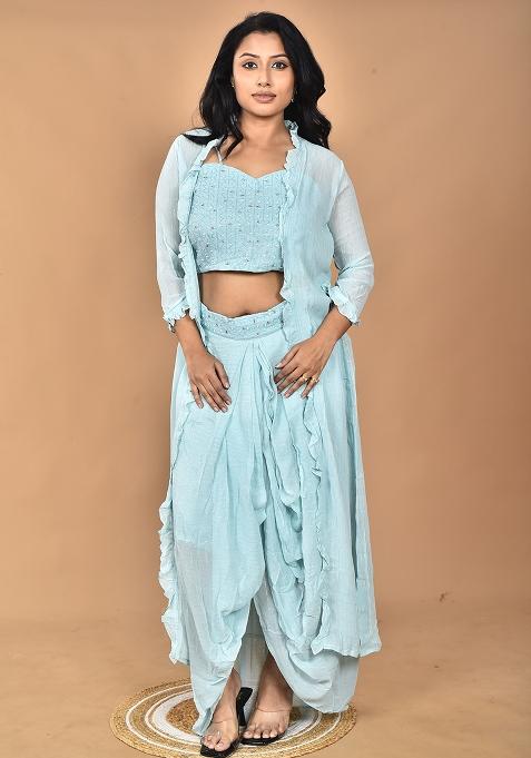 Sky Hand Embroidery Georgette Fancy Crop Top