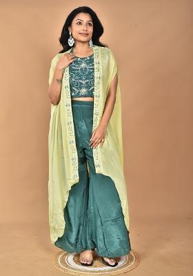 Green Embroidered Crepe Sharara Set