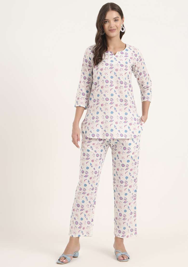 White Floral Print Cotton Co Ord Set - Indya