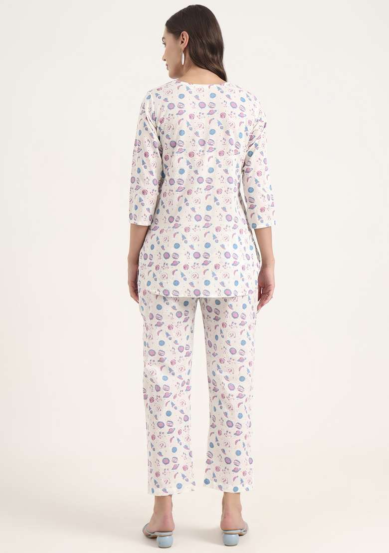 White Floral Print Cotton Co Ord Set - Indya