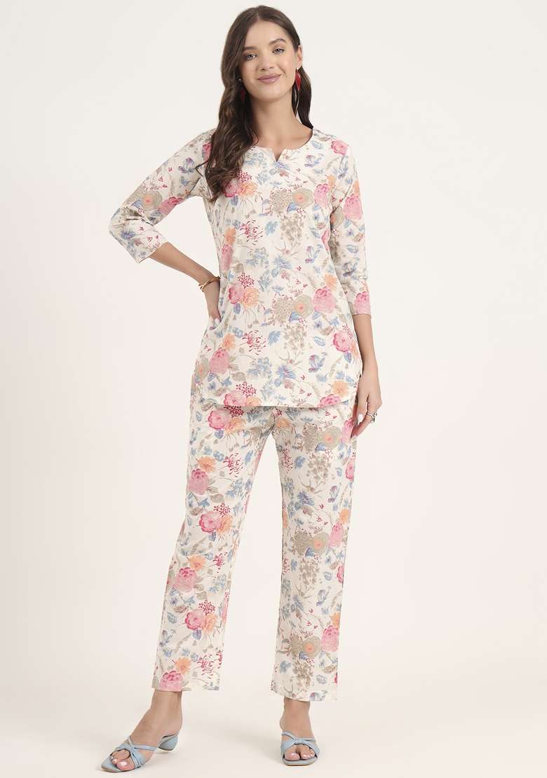 White Floral Print Cotton Co Ord Set - Indya